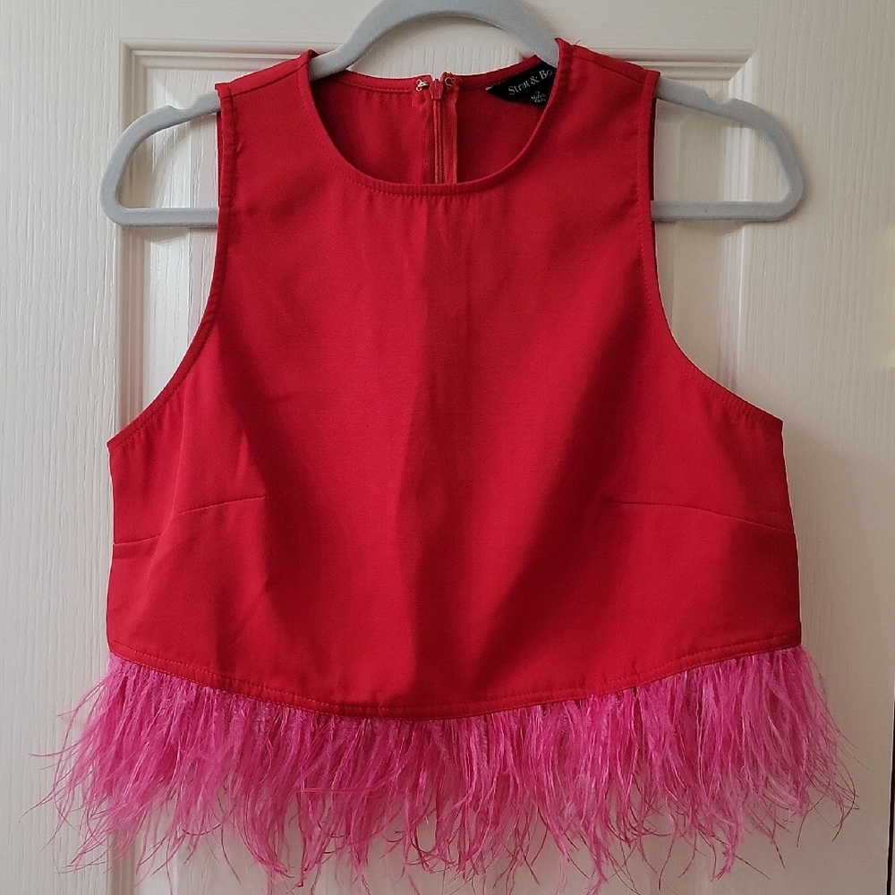 Red and Pink Feathered Crop Top